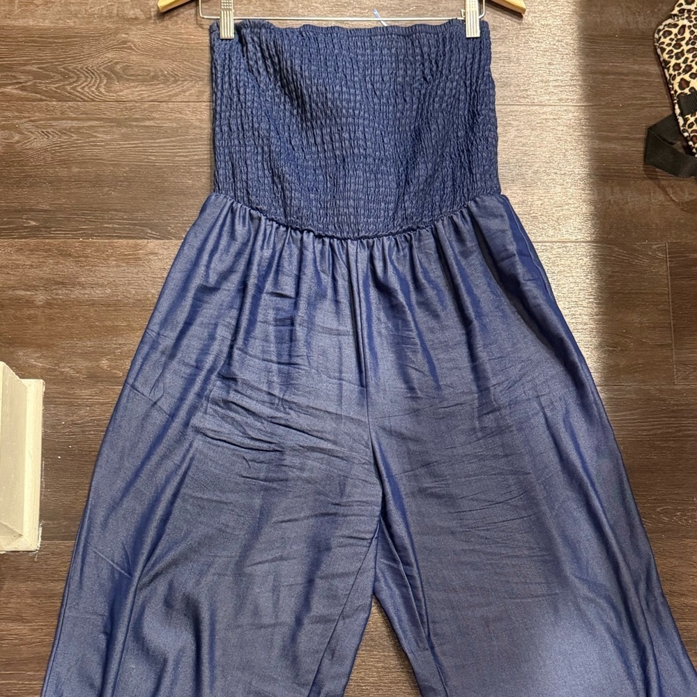 Mile Gabrielle Smocked strapless, wide-leg Dark Denim Color Fabric jumpsuit L - Picture 3 of 11